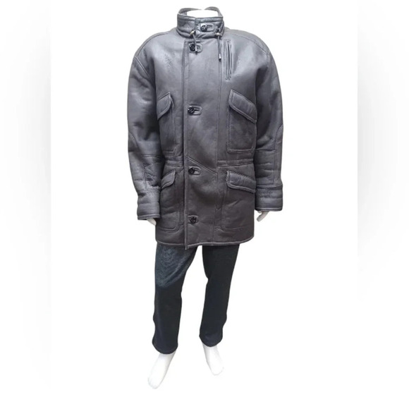 Zaklady Futrzarskie Vintage  Gray Leather Sherpa Lined Coat Size 52 - Picture 2 of 14